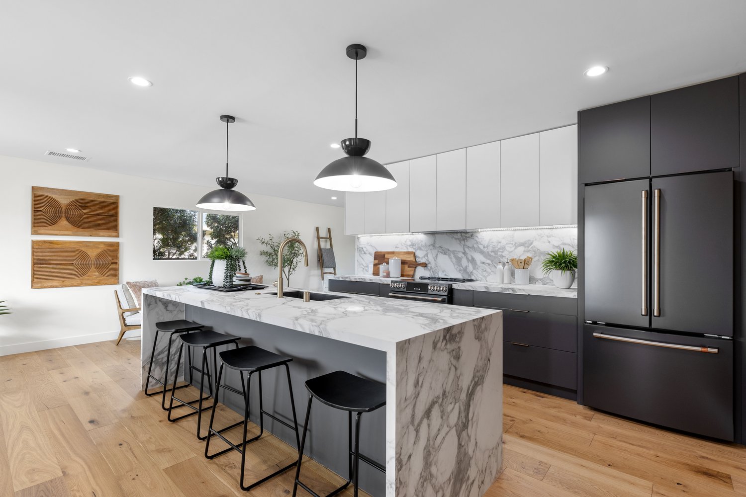 Built-in refrigerator and range in a kitchen